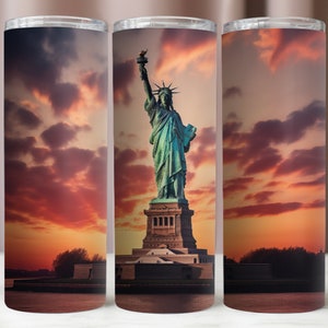Envoltório de copo de estátua da liberdade, copo de Nova York PNG, designs de sublimação, copo magro de 20 onças, modelo de copo de 20 onças, download digital instantâneo PNG