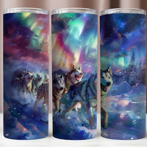 Emballage de verre Husky, aurore boréale, verre de chiens de traîneau 20 oz PNG, conception de sublimation aurore, téléchargement immédiat, 300 DPI numérique PNG
