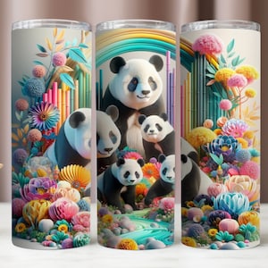 Panda's beker wrap, 3D kleurrijke beker wrap, sublimatie ontwerpen, instant digitale download png, 20 oz magere beker, 300 dpi digitale bestanden