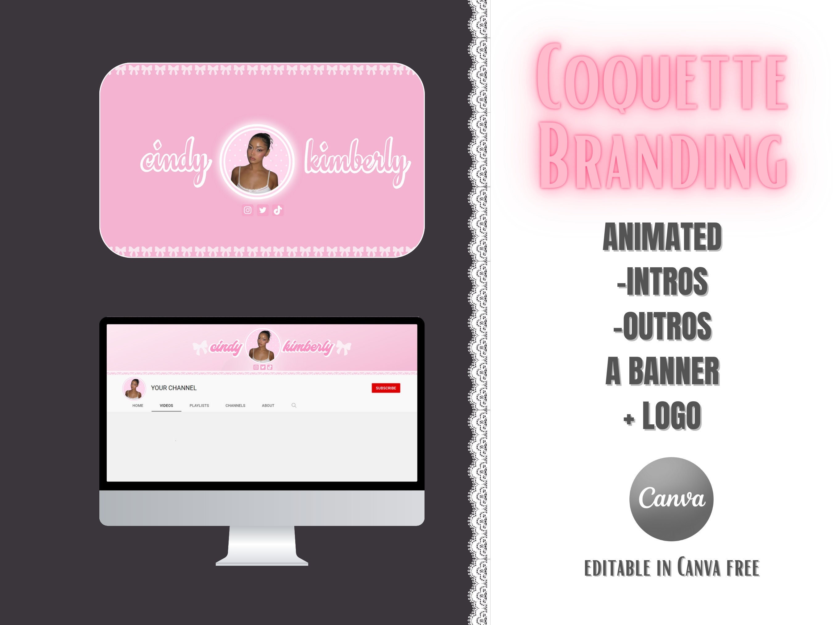 COQUETTE YouTube Branding Kit | Bearbeitbares animiertes Intro & Outro, Banner und Logo | Bearbeitbare Canva-Vorlagen