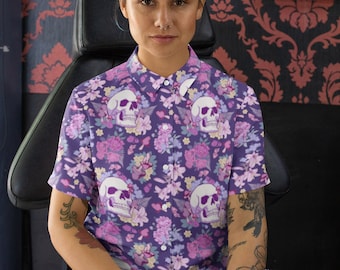 Camisa unisex morada con botones de April Eclipse, ropa gótica pastel, camisa de setas, setas mágicas