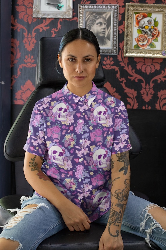 April Eclipse unisex purple button-up shirt, pastel goth clothing, mushroom shirt, magic mushrooms