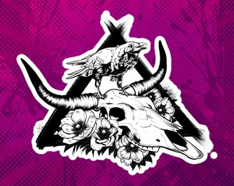 Luchtbelvrije sticker Death & Taxes, punkstickers, stickers, koeienschedelsticker