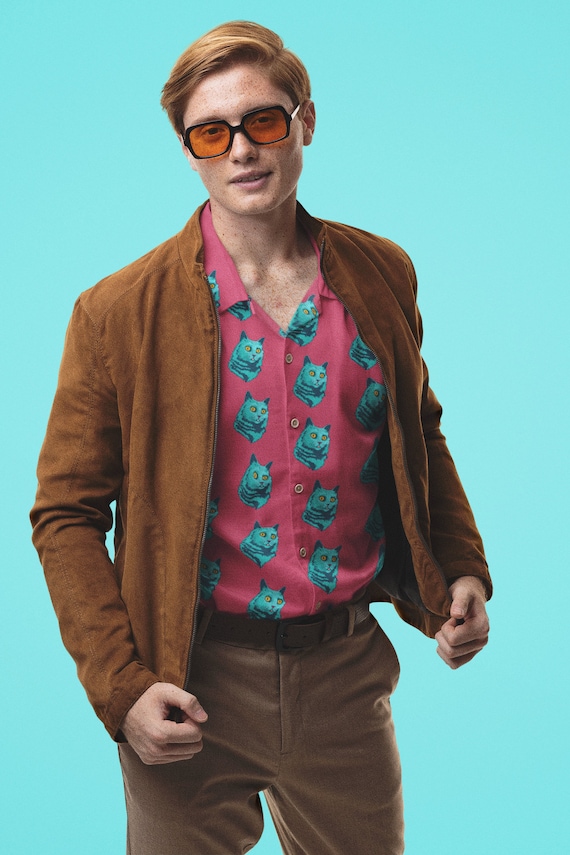 BLEP Pink button down, pink button up shirt, cat dad shirt, weirdcore, shirts that go hard