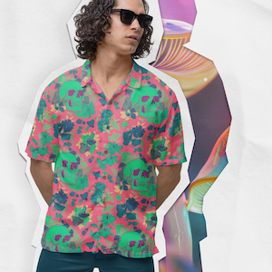 May include: A man wearing a pink button-down shirt with a green and blue skull and floral print. He is also wearing dark blue shorts and sunglasses.