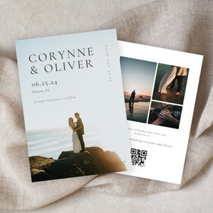 May include: Save the date card with a blue background and a photo of a couple on a beach. The card says "Corynne & Oliver" and "06.25.24 Destin, FL" with the text "Formal invitation to follow". The back of the card has a collage of photos of the couple and a QR code.