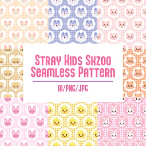 Patrón SKZ SKZoo de Stray Kids sin costuras, diseños personalizables para impresiones, proyectos de bricolaje, manualidades, trabajos de diseño y más.
