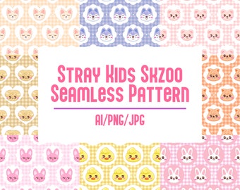 May include: A collection of seamless patterns featuring cartoon animal characters in various colors. The patterns include bunnies, ducks, lions, and foxes, set against gingham and heart-shaped backgrounds. The text "STRAY KIDS SKZOO SEAMLESS PATTERN" is displayed.