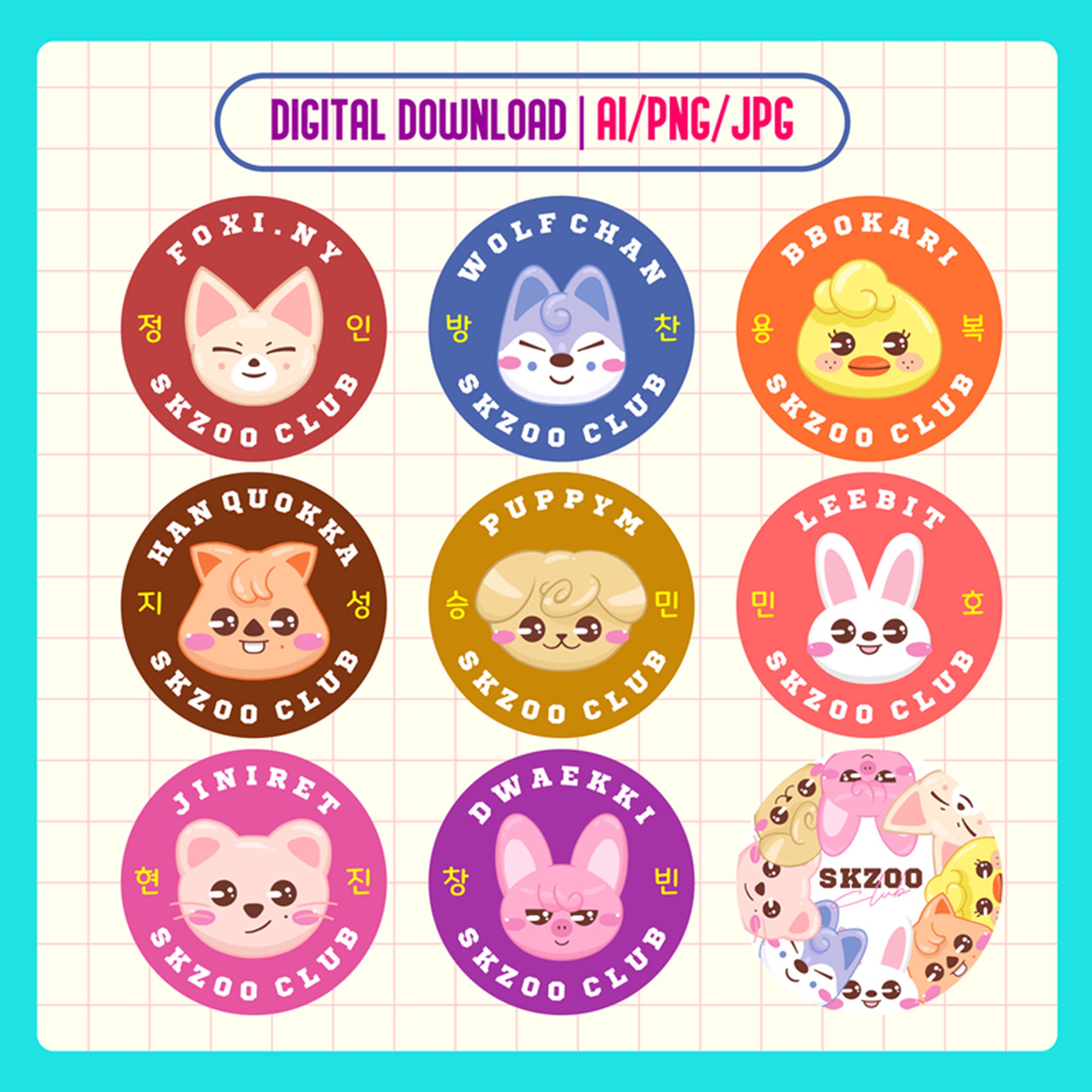 yuu SKZOO ステッカー Stray Kids Skzoo Club Sticker and Button Pin Designs