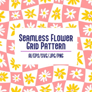 May include: A seamless pattern featuring a grid of yellow and white flowers on a pink and white checkered background. The text "Seamless Flower Grid Pattern" and "AI/EPS/SVG/JPG/PNG" is displayed in the center of the image.