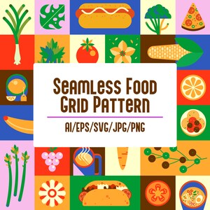 May include: A colorful grid pattern featuring various food items, including a hot dog, corn on the cob, a taco, a bowl of ramen, a lemon, a tomato, a flower, and asparagus. The text "Seamless Food Grid Pattern" is in the center of the image.