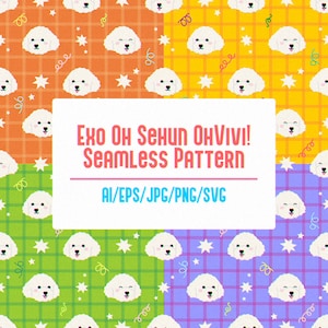 May include: A seamless pattern design featuring a repeating pattern of white cartoon dog faces, stars, and swirls on a colorful background. The text "EXO OH SEHUN OHVIVI! SEAMLESS PATTERN" is displayed in the center, along with file type information.