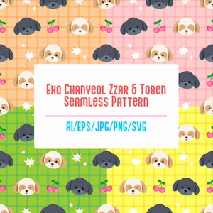 May include: A seamless pattern featuring cartoon dog faces in various colors and poses. The background is a checkered pattern in pink, yellow, and green. The text "EXO CHANYEOL ZZAR & TOBEN SEAMLESS PATTERN AI/EPS/JPG/PNG/SVG" is displayed in a white rectangle.