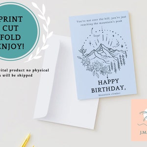 Cartão de aniversário para impressão, cartão de aniversário de montanha, aniversário de alpinista, lindo cartão de aniversário digital para download, cartão de felicitações 5x7