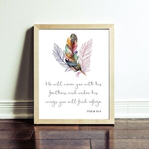 Modern christian wall art, Bible verse home decor Psalm 91:4 He will cover you with His feathers Scripture memory verse artwork