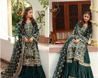 Pakistani Dresses Wedding Nikkah Clothes Gharara Style shirt Indian dress Eid Party Suit Salwar Kameez 2023 emerald green stitched Outfit