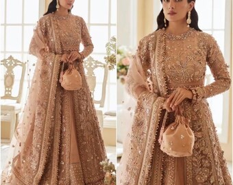 Pakistanische indische Hochzeitskleider Mehndi Kleidung Kleid Stil Nikkah Kleid Eid Desi Party Anzug Salwar Kameez Crepe rosa lehnga Walima Outfit