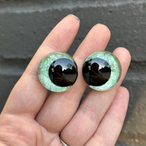 May include: Two round, green and black glass eyes with a black pupil. The eyes are for crafts and are about 1 inch in diameter.