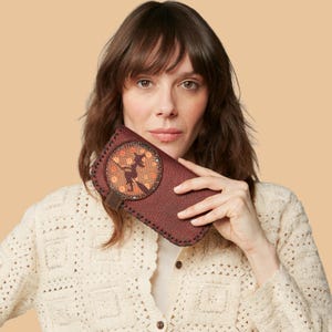 Burgundy Witch Wallet in Vegan Leather with Gothic Illustration Gift for Women.