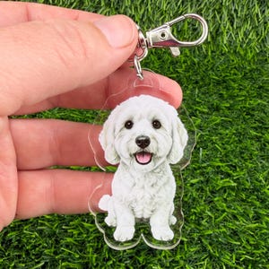 May include: A clear acrylic keychain featuring a detailed illustration of a fluffy white dog with dark eyes and a pink tongue. The dog is depicted in a sitting position. The keychain includes a silver-toned metal lobster clasp attachment.
