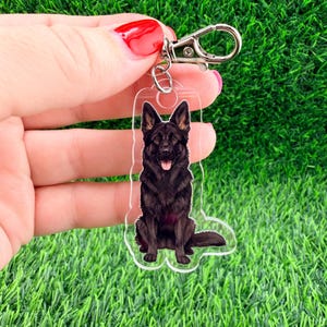 May include: A clear acrylic keychain featuring a black German Shepherd dog illustration. The dog is sitting with its tongue out. The keychain has a silver-colored clasp.
