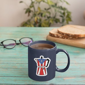 Coffee mug with Puerto Rico flag stickers, Puerto Rico stickers, Greek coffee pot sticker, Boricua sticker on a mug, Borikén sticker,
