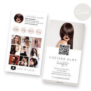 Cartão de visita de luxo para instagram, pré-fabricado, código qr, cartão de unha, canva, modelo de design editável, mídia social, cartão exclusivo de salão de cabeleireiro, beleza
