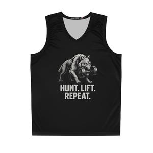 Fitness Basketball Jersey - Hunt, Lift, Repeat Design, Workout Apparel, Gym Wear, Sports Jersey, Motivational Tank Top