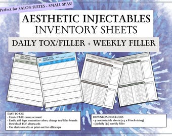 Hojas de inventario para spas médicos / Registro de bótox y rellenos / Plantillas PDF de inyectores / Formularios editables de Canva