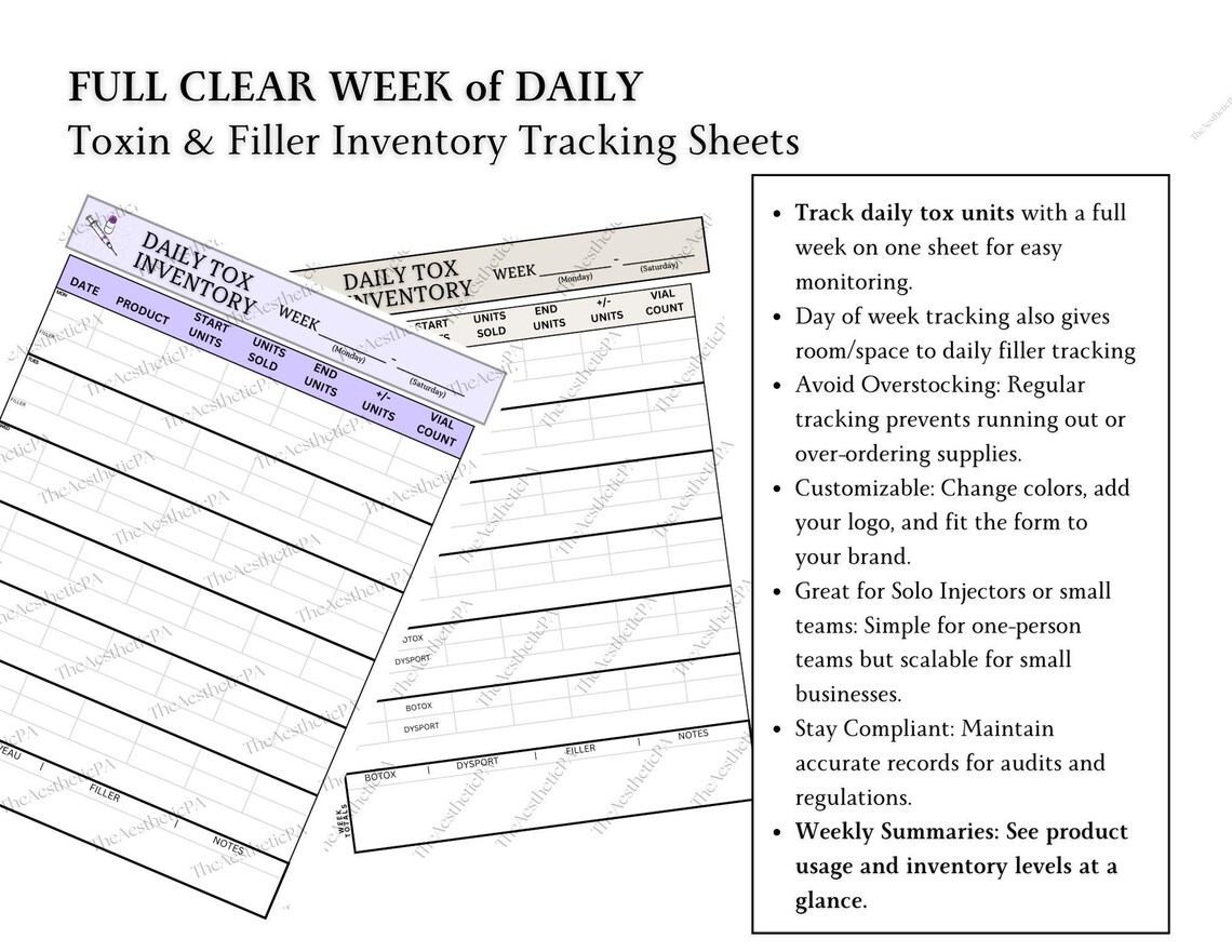 Inventory Sheets for Medspas | Botox & Filler Tracker | Injector PDF ...
