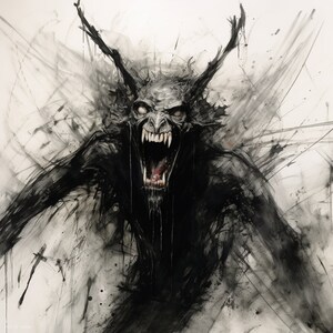 May include: A black and white digital illustration of a monstrous creature with sharp teeth and horns. The creature is depicted with a menacing expression and appears to be emerging from a dark, shadowy background.