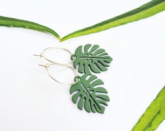 Small Monstera on Sterling Silver Hoops