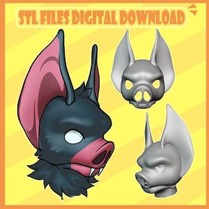 May include: Digital download graphic featuring a bat head with large ears and a pink interior, a gray bat head, and a gray bat head with a pointed ear. The text "STL FILES DIGITAL DOWNLOAD" is at the top.