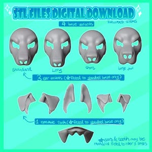 Puede incluir: Gráfico de descarga digital que muestra variaciones de modelos 3D. La imagen muestra cuatro variantes base de una cabeza de animal estilizada, etiquetadas como "Standard", "Long", "Short" y "large jawl". Incluye opciones de orejas y dientes.