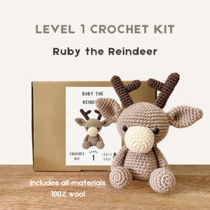 Könnte beinhalten: Ein Häkelset der Stufe 1 für Ruby das Rentier, aus 100 % Wolle. Das Bild zeigt ein fertiges, hellbraunes Rentier mit cremefarbener Nase und dunkelbraunem Geweih, neben der Kit-Box.