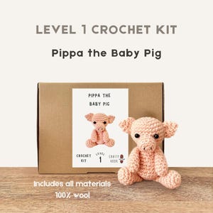 May include: A crochet kit for Pippa the Baby Pig. The kit includes all materials and is level 1. The finished pig is light pink and sitting. The box has the text "LEVEL 1 CROCHET KIT" and "Pippa the Baby Pig".