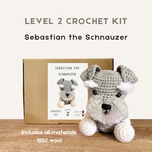 Peut inclure: Kit de crochet de niveau 2 avec un chien Schnauzer gris et blanc. Le kit comprend tous les matériaux et est composé à 100% de laine. Le texte "Sebastian the Schnauzer" est sur la boîte.