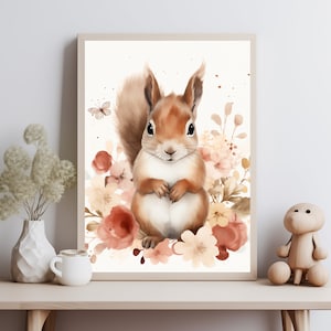 Squirrel Wall Art Print | Woodland Animal Nursery Decor - Printable Digital Download - Soft White Background