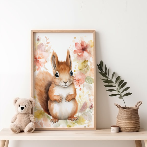 Squirrel Wall Art Print | Woodland Animal Nursery Decor - Printable Digital Download - Soft White Background