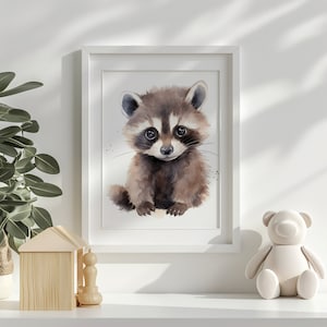 Racoon Wall Art Print | Woodland Animal Nursery Decor - Printable Digital Download - Soft White Background