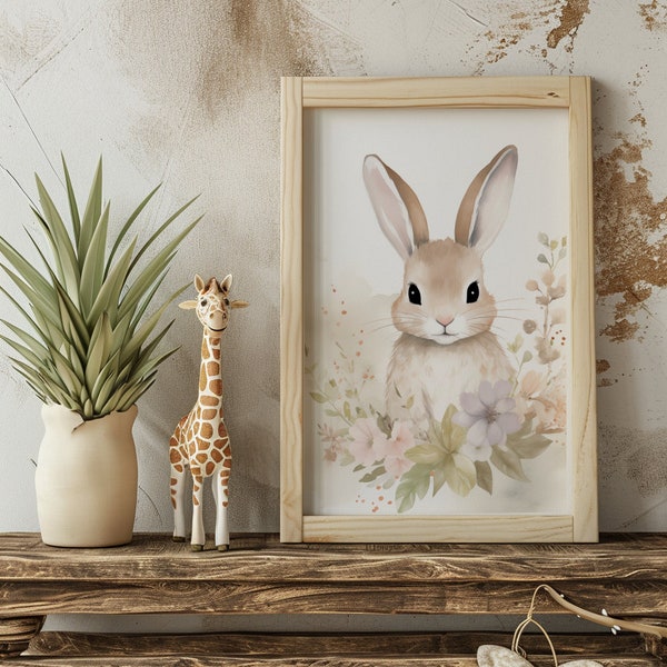 Bunny Rabbit Wall Art Print | Woodland Animal Nursery Decor - Printable Digital Download - Soft White Background