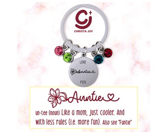 Auntie Keychain, Auntie Gifts, Auntie Key Chain, Auntie Keyring, Birthstone Keychain for Auntie, Personalized Mothers Day Gifts for Auntie
