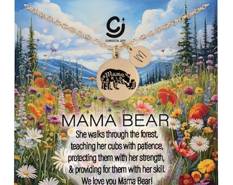 Personalized Mama Bear Necklace with Cubs - Custom Initial Jewelry Gift for Mom from Kids