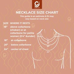May include: A chart showing necklace sizes and where they rest on the body. The chart shows a woman's neck with lines indicating the length of a 16-inch, 18-inch, 20-inch, and 24-inch necklace. The chart also includes text describing where each necklace length rests on the body, such as "above collarbone" or "center of chest".