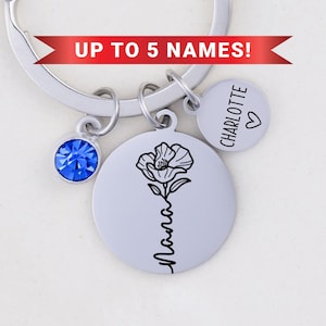 Nana Keychain with Kids Names, Nana Gift, Grandma Gift, Family Keychain, Name Keychain, Custom Birthstone Keyring, Mothers Day Gift for Nana