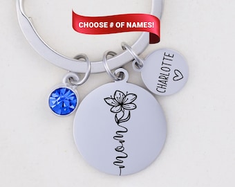 Personalized Gold Plated Mom Keychain with Kids Names & Birthstones: Custom Family Gift