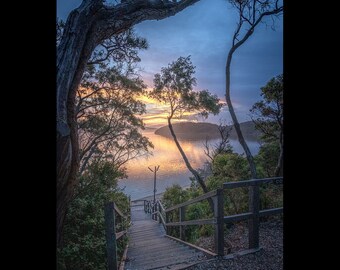 Staircase into Sunset Photo, Digital Print of a Seaside Sunset with Trees Above a Lonely Stairs, Printable Landscape Art