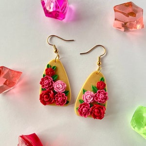 Handmade Polymer Clay Jewelry Floral Gold Dangle Earrings with Red and Pink Roses BELLE
