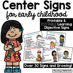 Editable Center Signs With Learning Objectives and Images | Preschool, Pre-K, Kindergarten, Daycare & Early Education Center Signs