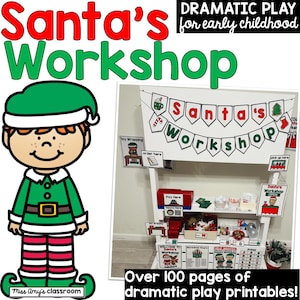 Puede incluir: Ilustración colorida de un elfo de dibujos animados con un atuendo verde y un sombrero verde, con las palabras "Santa's Workshop" en rojo y verde. La imagen también muestra un juego con letreros y accesorios de juguete.